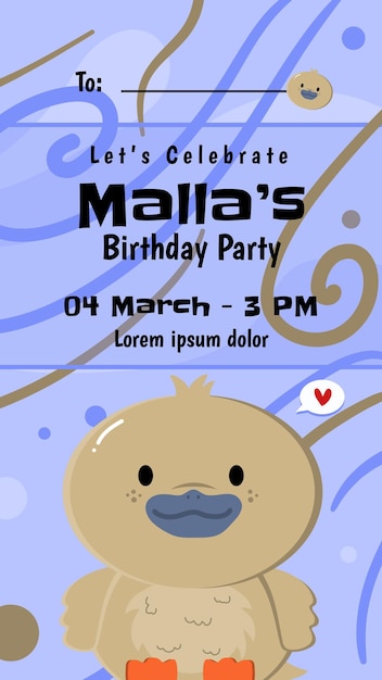 Vector female mallard duck instagram story birthday party invitation