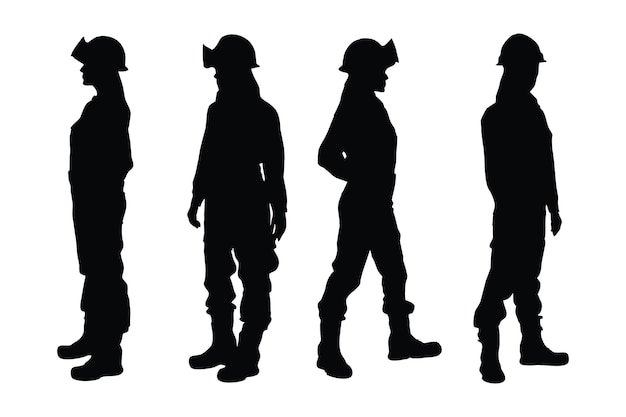 Female mason standing in different position silhouette set vector Woman bricklayers silhouette bundle on a white background Girl construction worker with anonymous faces full body silhouette vector