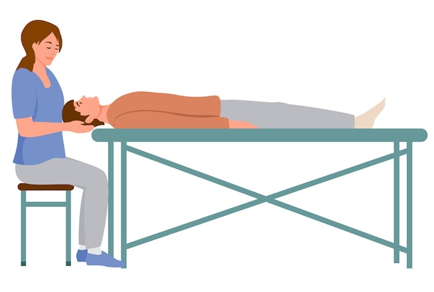 Female massagist or osteopath massaging neck area to client vector flat illustration. Woman doctor or physiotherapist making massage to lying on couch man isolated. Alternative medical treatment