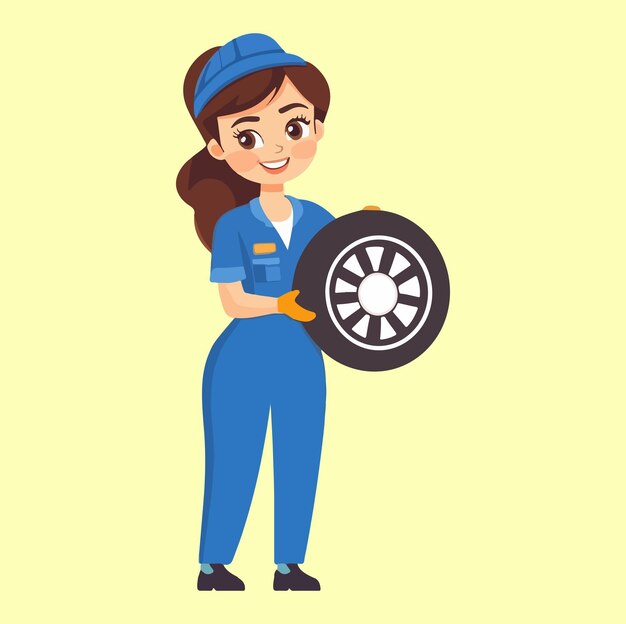 Vector female mechanic holding car tire vector illustration