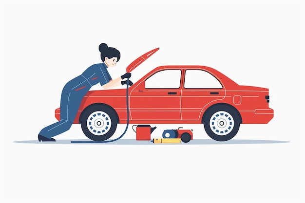 Vector female mechanic repairing car flat