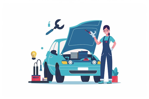 Female Mechanic Repairing Car Hood