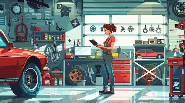 Female Mechanic Using Tools in Vector Illustration