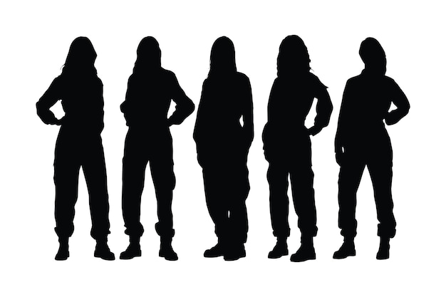 Female mechanics and workers standing in different position silhouette set vectors Girl mechanics with anonymous faces Workers wearing uniforms silhouette collection Mechanic girl silhouette