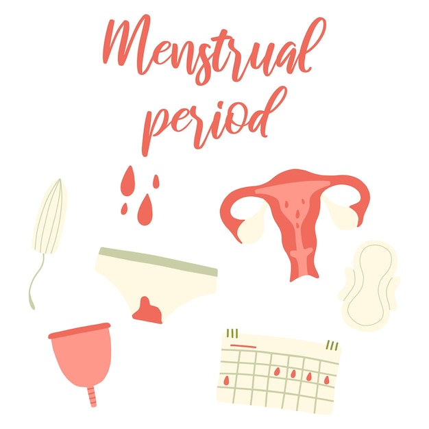 Female menstruation Women with period and hygiene product tampon sanitary pads and menstrual cup