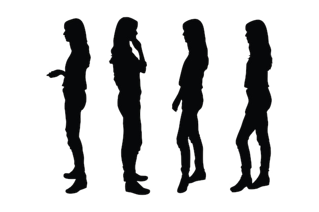 Female model standing in different position silhouette set vector Woman actor silhouette bundle on a white background Girl fashion models with anonymous faces and fullbody silhouettes