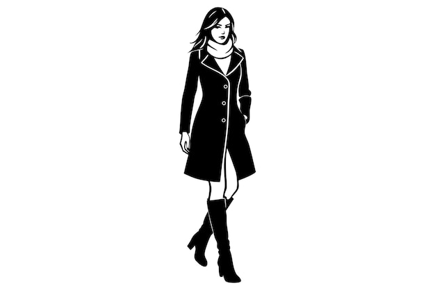 Vector female model walking in a winter coat and boots