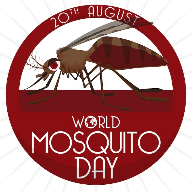 Female mosquito inside in a round button with greeting message and date for World Mosquito Day