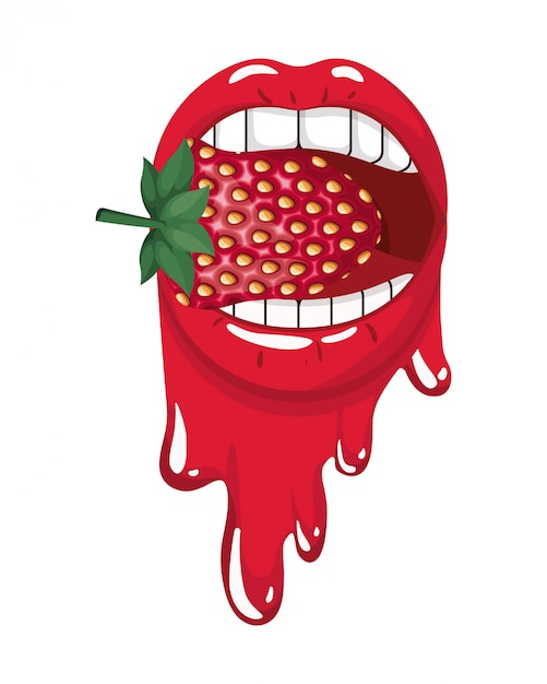 Female mouth dripping with strawberry fruit