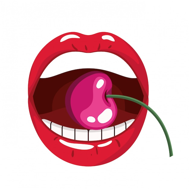 Female mouth with cherry isolated icon