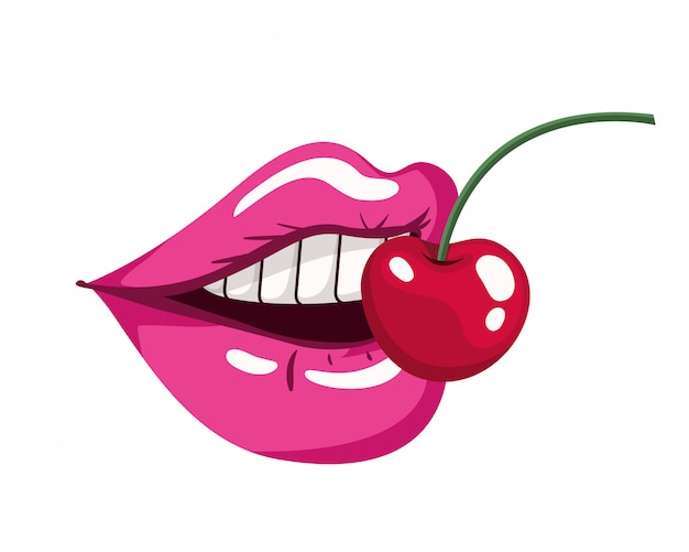 Female mouth with cherry isolated icon