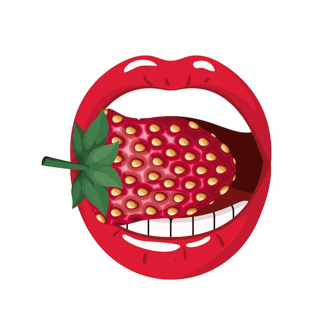 Female mouth with strawberry isolated icon