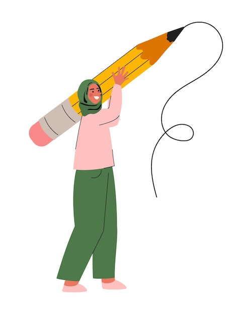 Female muslim student holding big pencil vector illustration