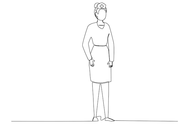 A female nurse in full uniform in the hospital corridor one line art