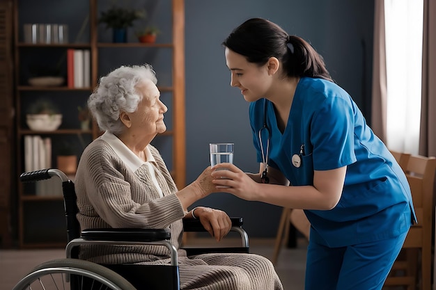 Female nurse hearing senior woman with stethoscope at home