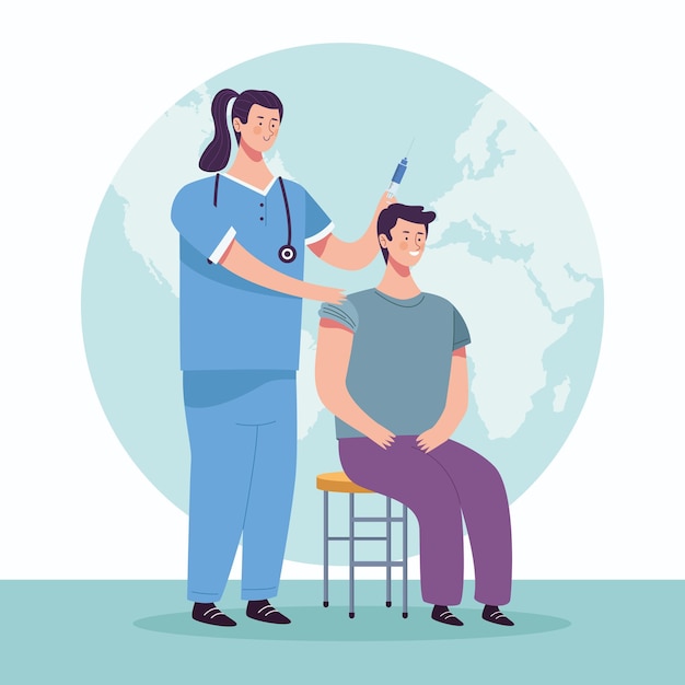 Female nurse vaccinating male patient characters  illustration 