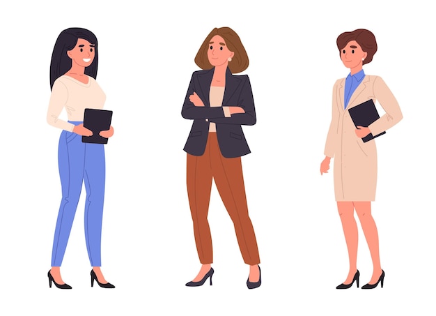 Female office characters Business women wearing business suits busy business team and office colleagues flat vector illustration set Cartoon female business team