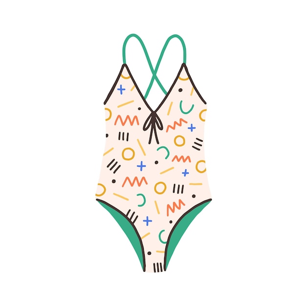 Female one-piece swimsuit. Modern swimwear with bright multicolor geometric pattern. Women swimming clothes with crossed straps on back. Flat colorful vector illustration isolated on white background.