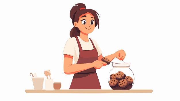 Vector female owner opening jar of cookies while working