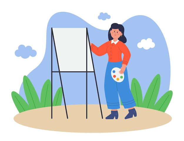 Female painter with palette standing in front of easel. Young artist painting on canvas flat vector illustration. Profession, creativity concept for banner, website design or landing web page