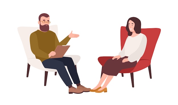 Female patient in armchair and male psychologist, psychoanalyst or psychotherapist sitting