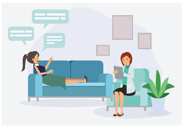 Female patient with psychologist or psychotherapist sitting on sofa. psychotherapy session. mental health, depression. flat vector cartoon character illustration