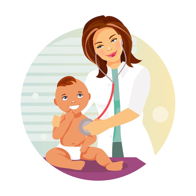 Vector female pediatrician listens with a stethoscope to the baby. vector illustration