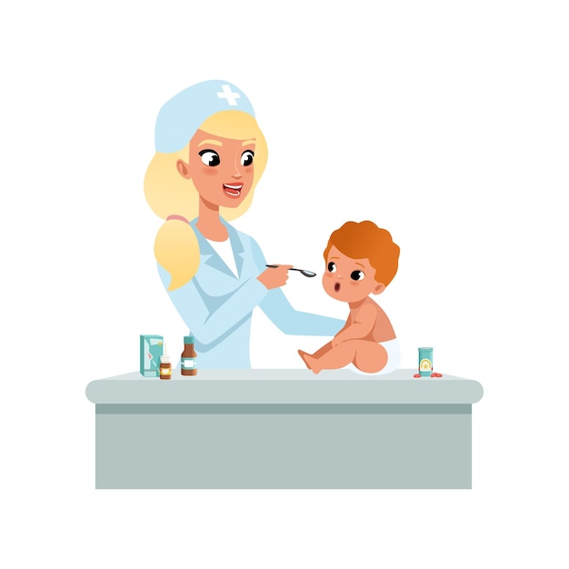 Female pediatrician in white coat taking spoon of syrup medicine to infant baby healthcare for children vector Illustration isolated on a white background