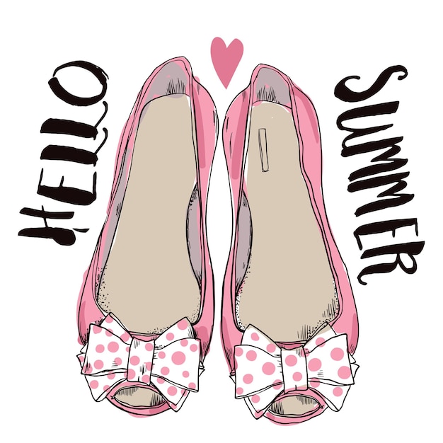 Female pink shoes with bows. vector illustration