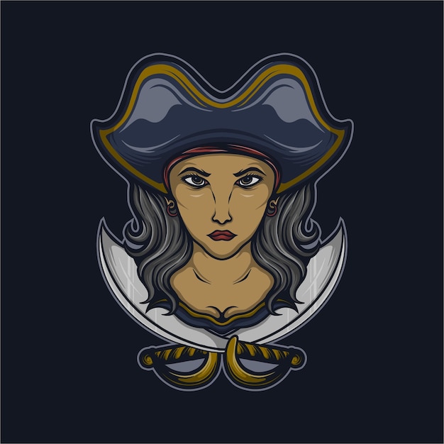 Female pirate head with sword vector illustration