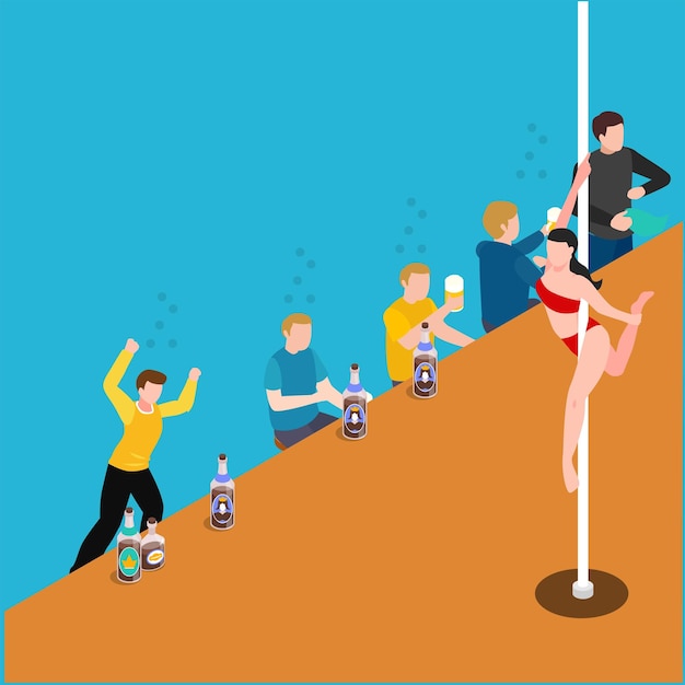 Female pole dancer and male bar visitors isometric 3d