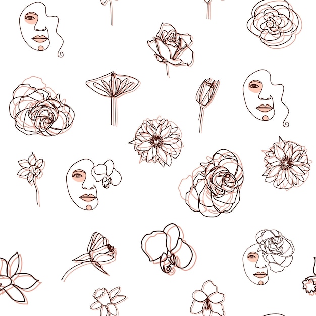 Female portrait Outline woman face abstract flowers leaves line continuous drawing vector seamless pattern