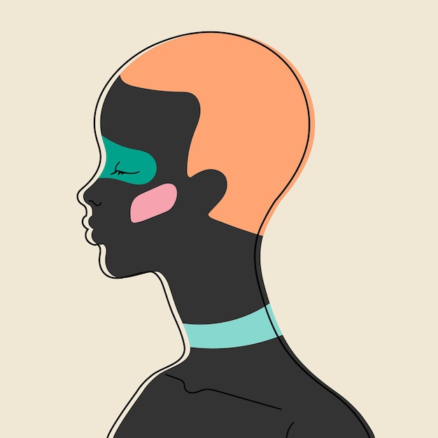 Vector female profile silhouette with closed eyes and colored shapes on face and neck vector illustration