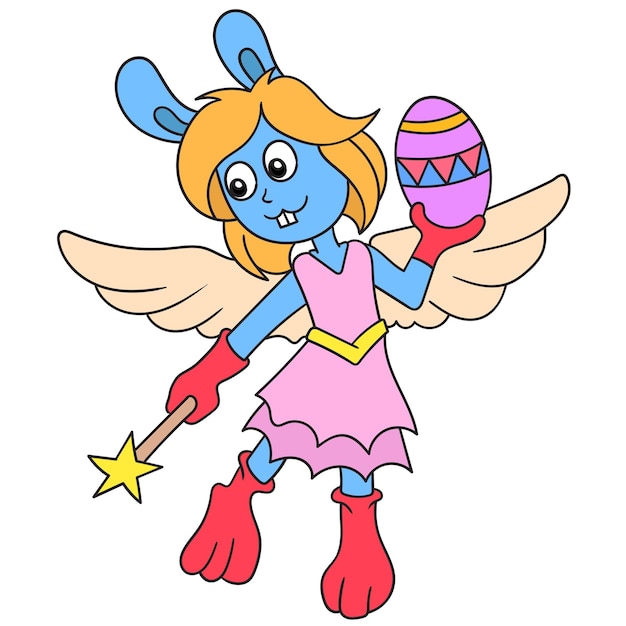 A female rabbit angel flying with an easter egg, illustration art. doodle icon image kawaii.