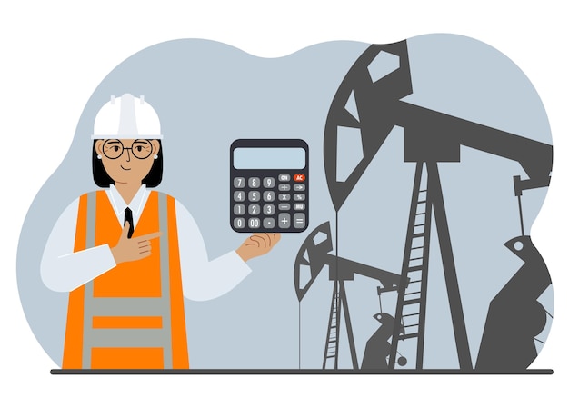 A female refinery engineer worker uses a tableted oil pumping unit Energy industrial zone oil drilling Vector flat illustration