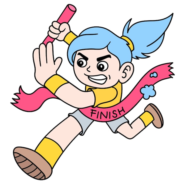 Female runner to win Olympics across the finish line ribbon, doodle draw kawaii. illustration art