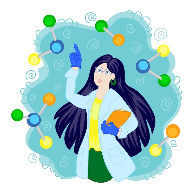 A female scientist in a dressing gown with an folder in her hands Concept of a vector illustration on the topic of vaccine development Science discovery conceptDiscovery ideas Design elementxDxA