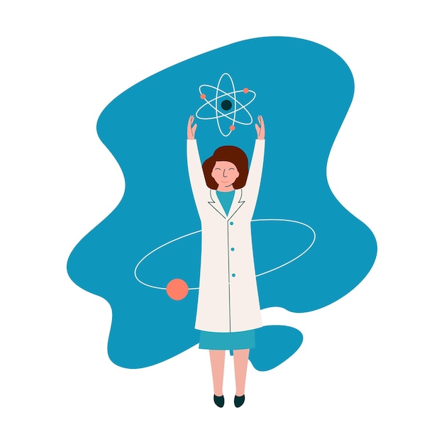 Female Scientist Physicist Character Wearing White Coat Working at Researching Lab with Atoms Scientific Research Concept Vector Illustration on White Background