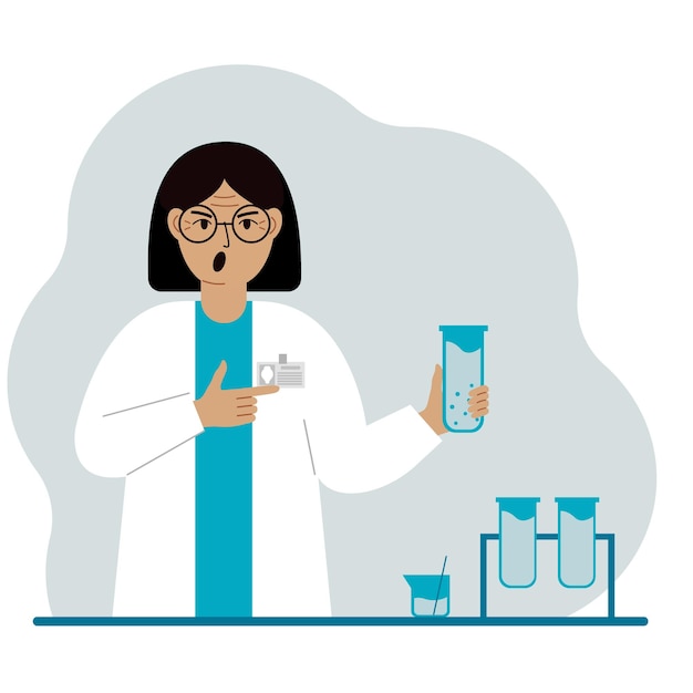 Female scientist with flasks Experimental scientist laboratory assistant biochemistry chemical scientific research Vector flat illustration