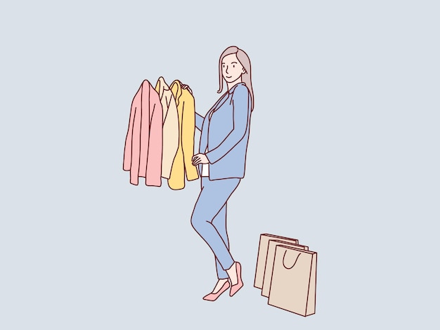 Female Shopaholic Enjoying Shopping Picking Outfit simple korean style illustration