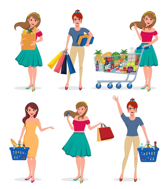 Female shopping vector characters set Girl shopper holding shopping bags supermarket groceries