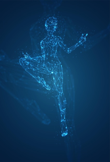 A female silhouette of luminous lines and dots dancing on an abstract dark blue background vector layout