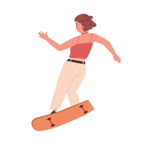 Vector female skateboarder riding skateboard. young skater performing trick on long board. summer street activity. colored flat cartoon vector illustration of woman on longboard isolated on white background.