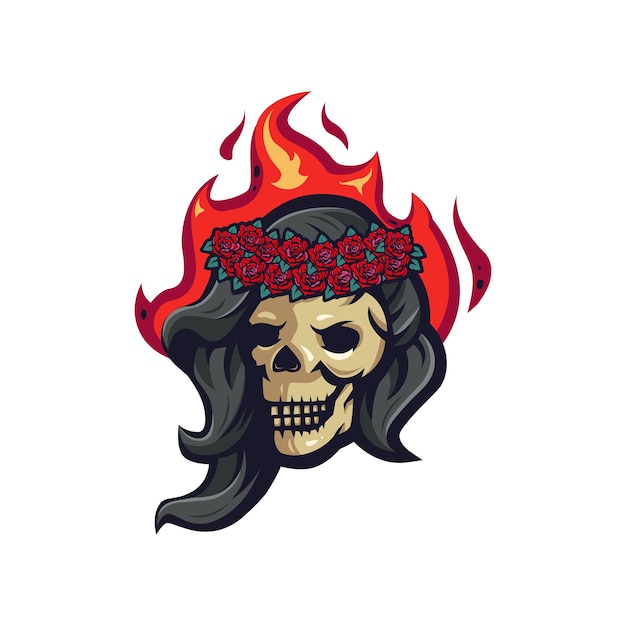 Female skull illustration design with flowers and fire on head