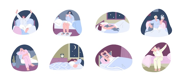 Vector female sleep alone characters home sweet dreams in bed asleep woman with cat early wake up girl tired people sit on sofa insomnia and rest vector scenes illustration of woman alone and resting