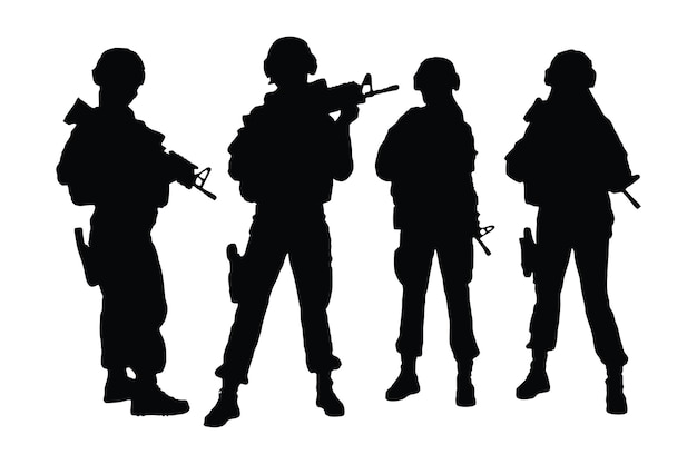 Female soldiers standing with assault rifles silhouette collection Anonymous girl infantry and military silhouette set vector Female army models with anonymous faces silhouette bundle