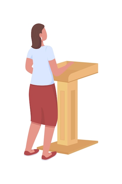 Female speaker behind podium semi flat color vector character Full body person on white