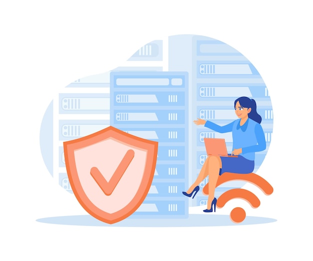 Vector female staff save electronic documents on the server server rack with cloud computing services cyber security concept flat vector illustration