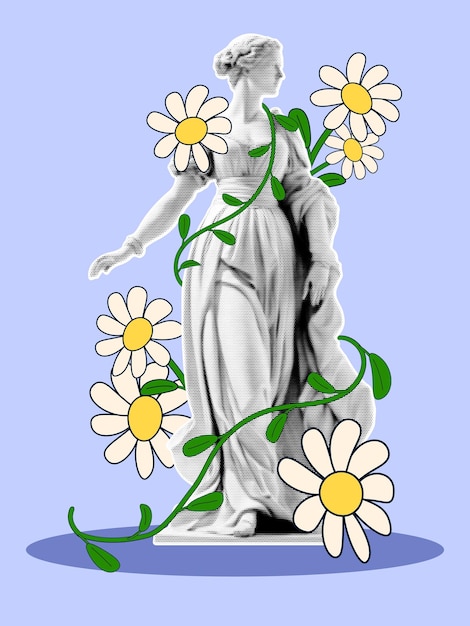 A female statue with a halftone effect entwined with handdrawn daisies in retro collage style