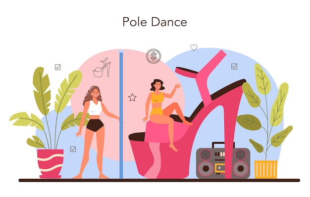 Female stripper concept. Pole dancing woman in club, stripper